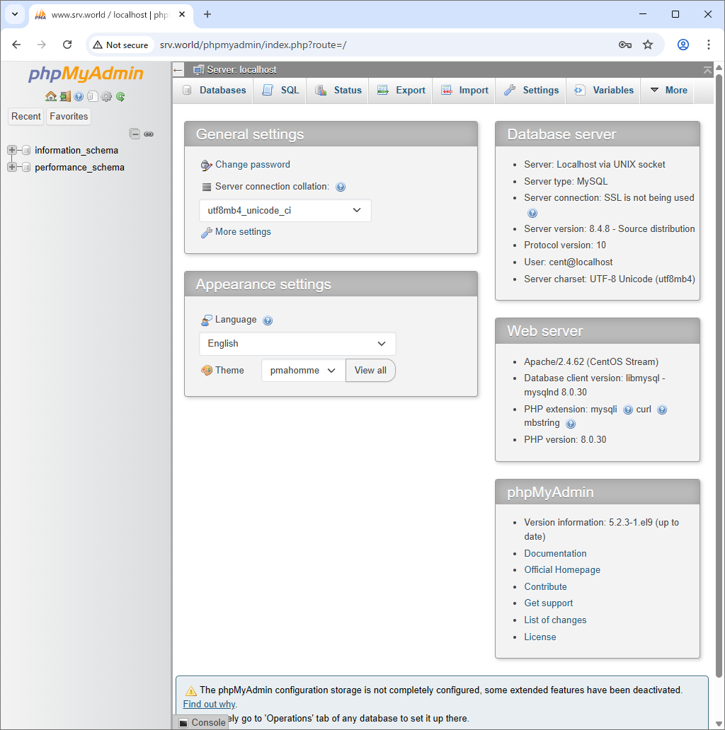 CentOS Stream 9 : MySQL 8.4 : phpMyAdmin インストール : Server World