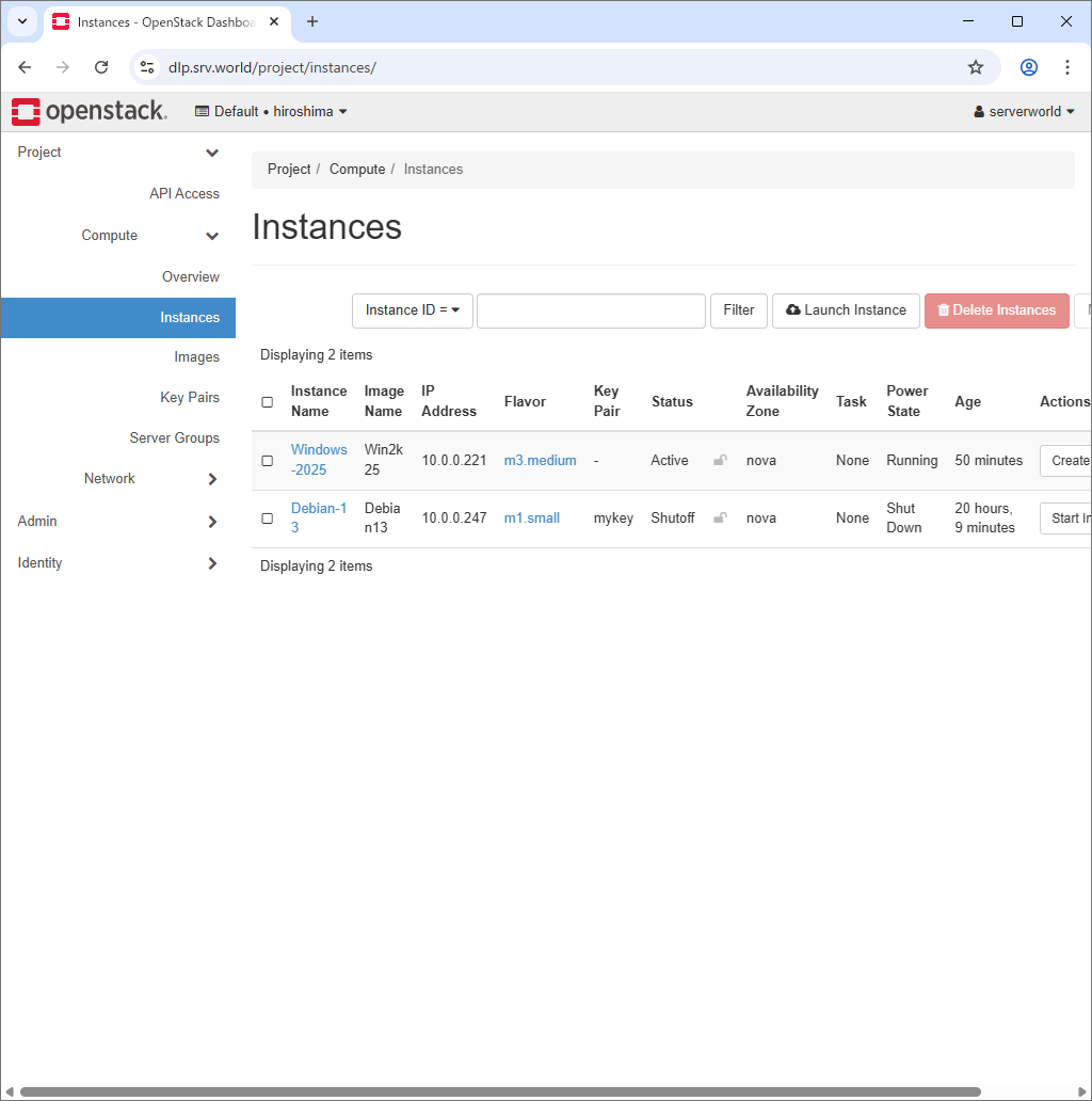 Debian 13 trixie : OpenStack Epoxy : Horizon 設定 : Server World
