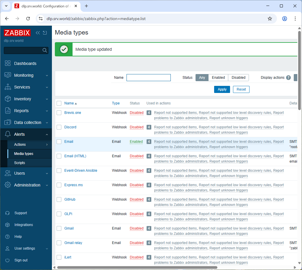Debian 13 trixie : Zabbix 7.4 : 通知の設定 : Server World