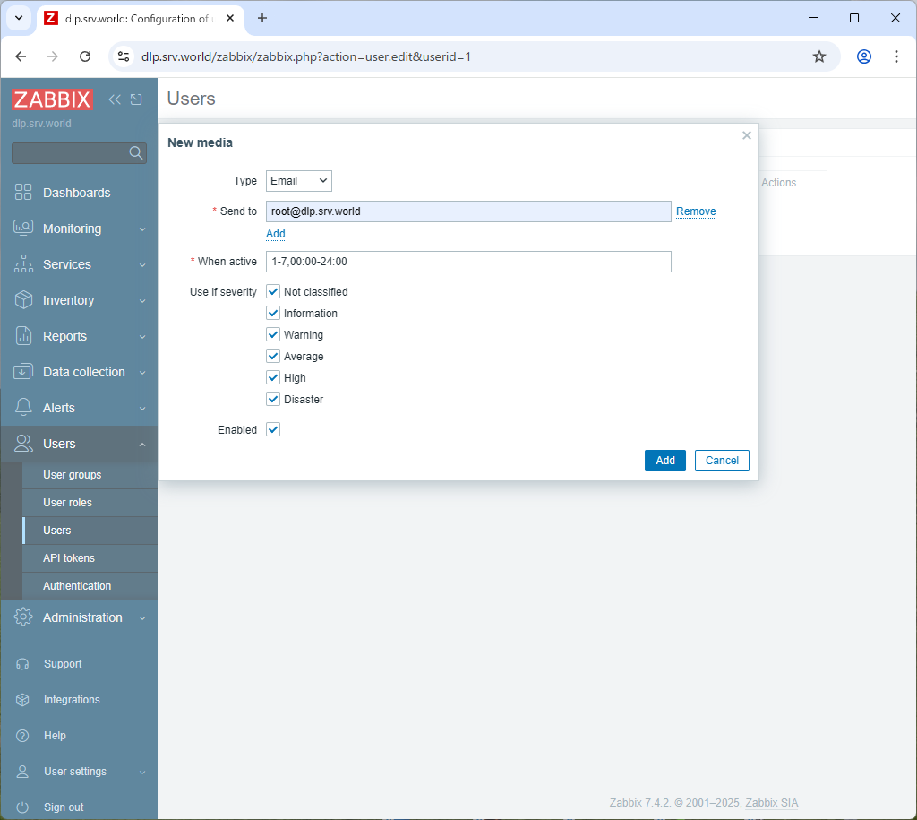Debian 13 trixie : Zabbix 7.4 : 通知の設定 : Server World