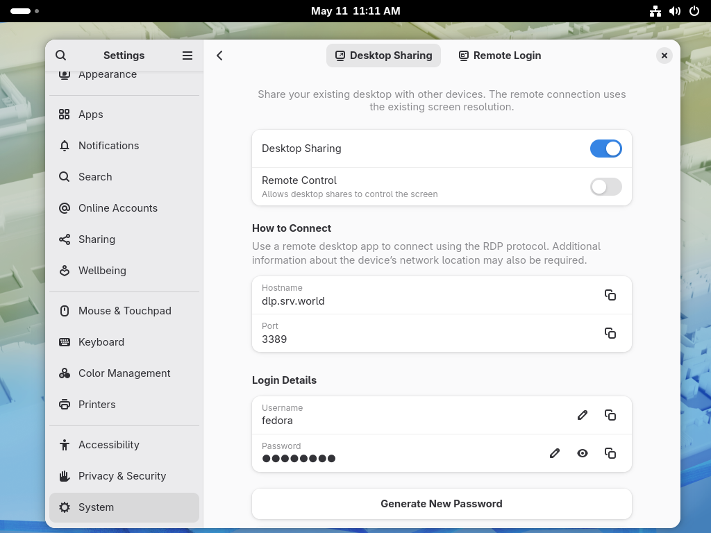 Fedora 44 : GNOME リモートデスクトップ : Server World