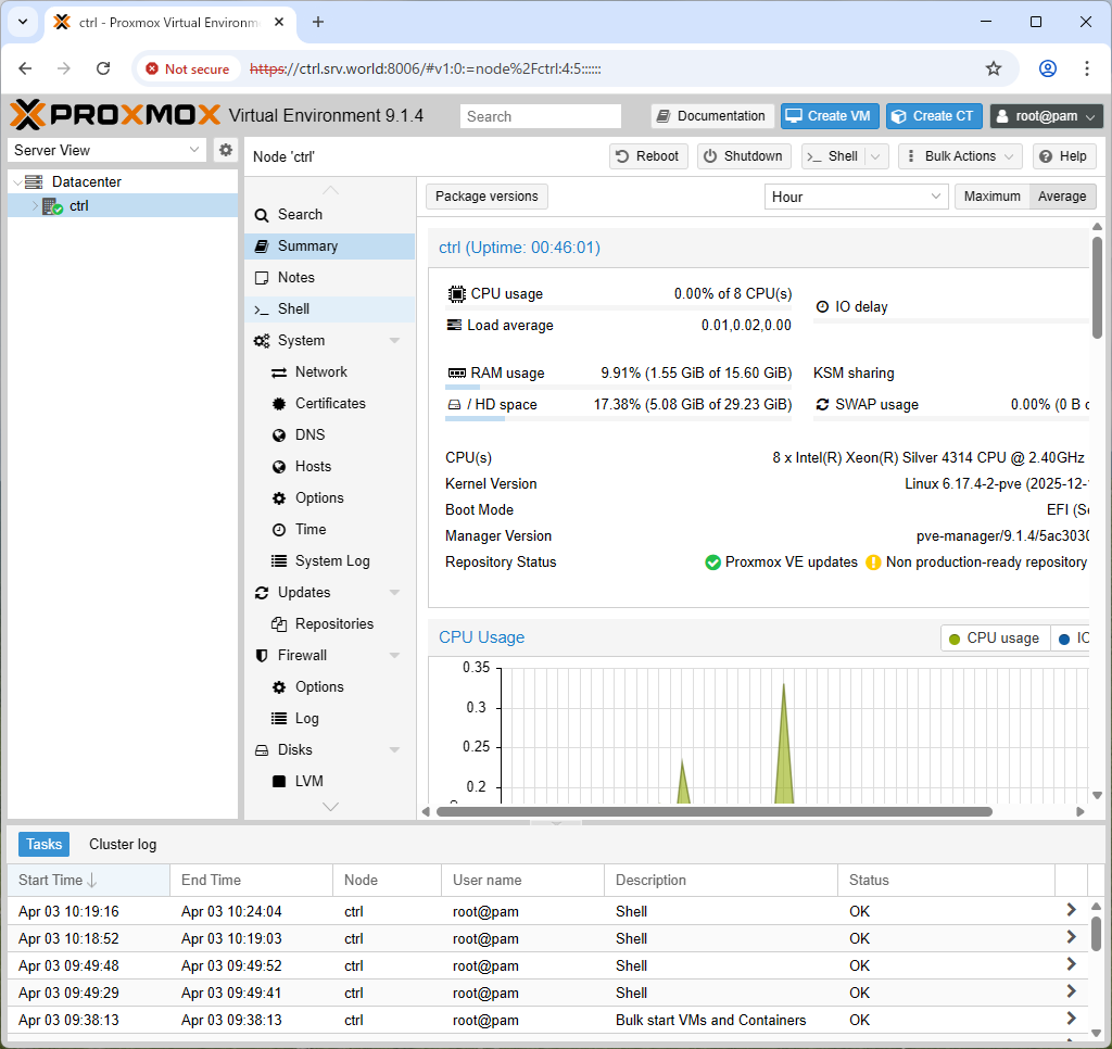 Proxmox VE 9 : 初期設定 : シェルにアクセスする : Server World