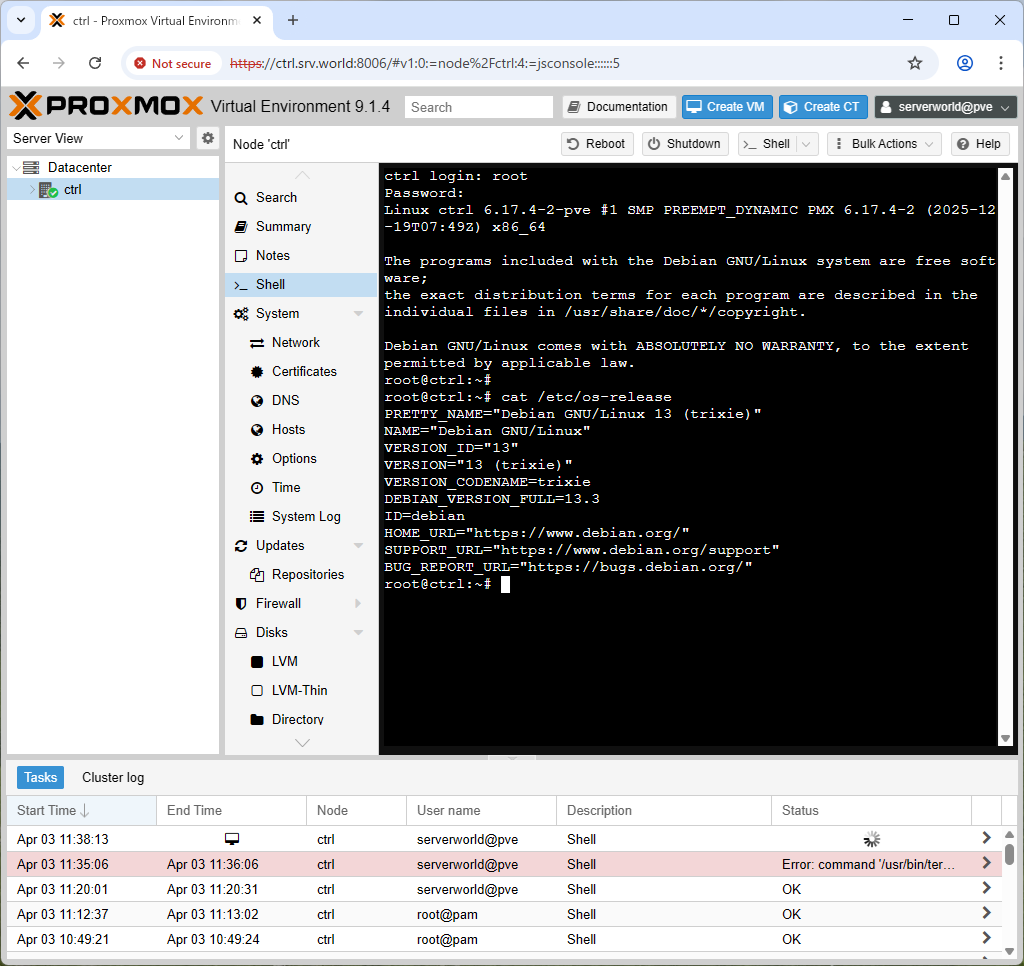 Proxmox VE 9 : 初期設定 : シェルにアクセスする : Server World