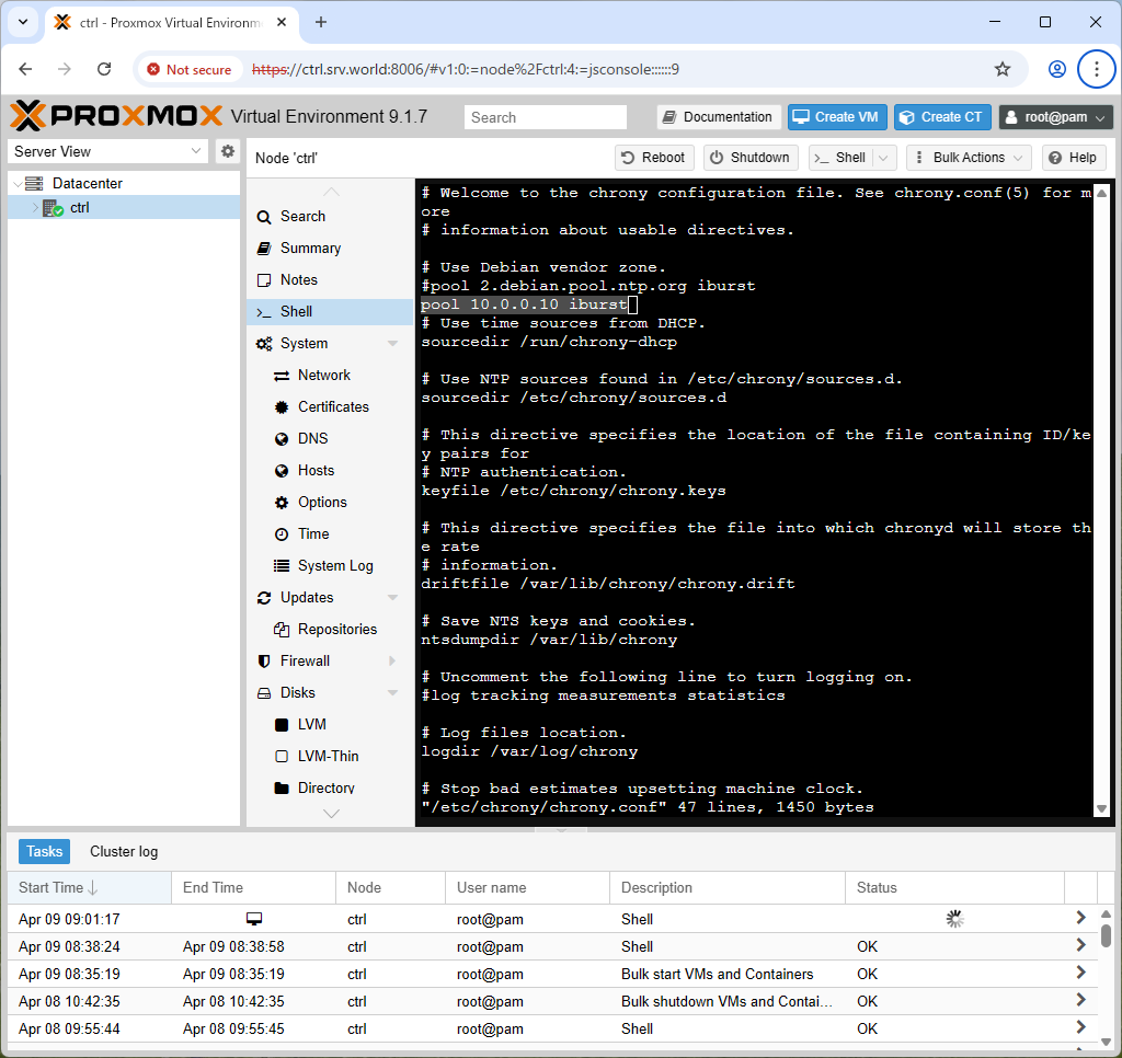 Proxmox VE 9 : NTP : 時刻同期の設定 : Server World