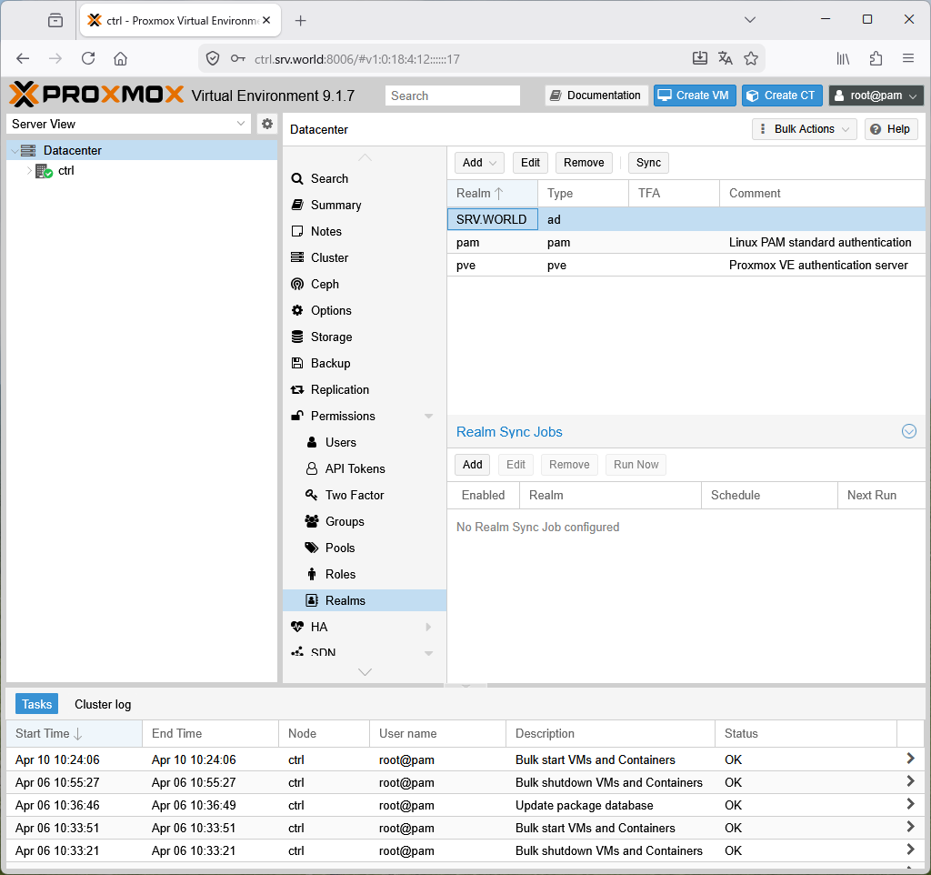 Proxmox VE 9 : Active Directory ユーザーでログイン : Server World