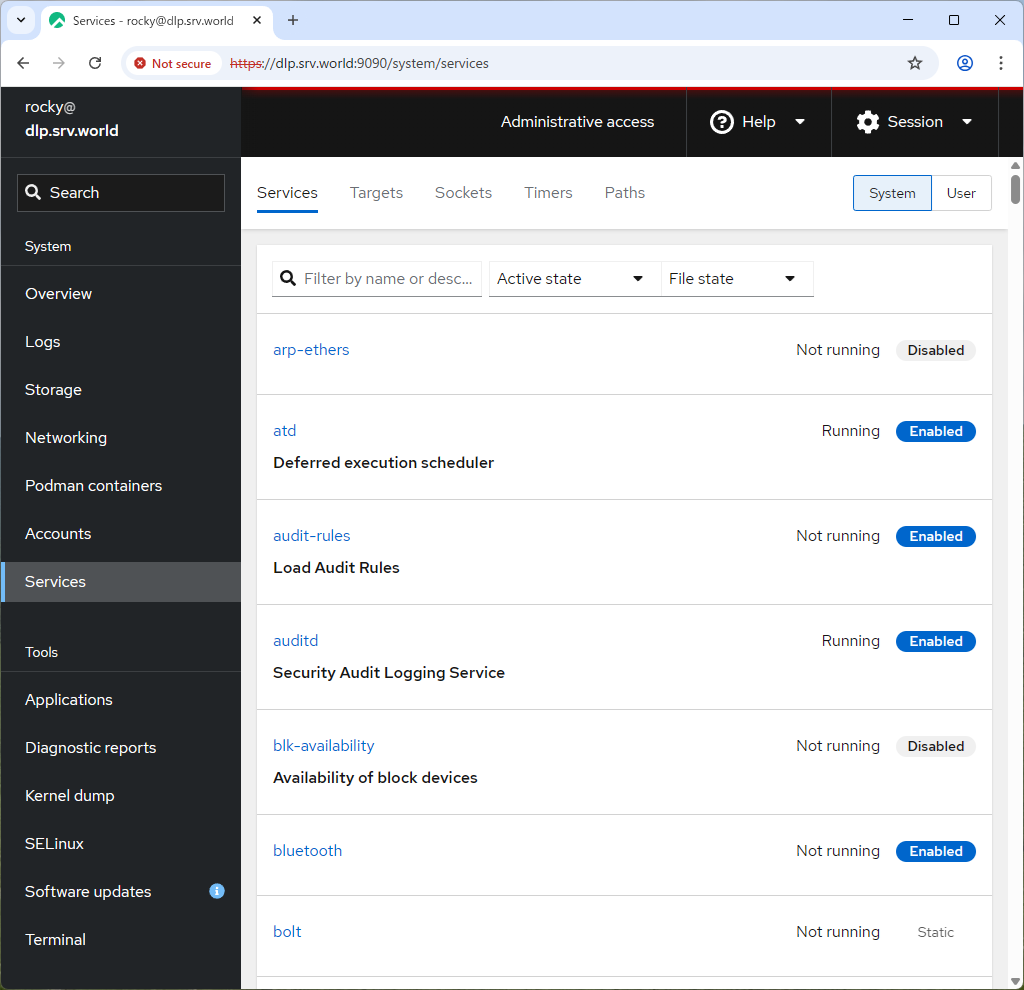 Rocky Linux 10 : 初期設定 : Web 管理コンソールを利用する : Server World