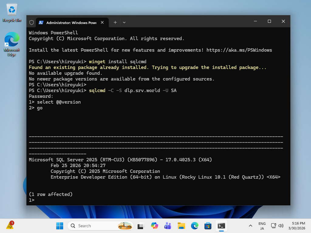 Rocky Linux 10 : SQL Server 2025 : Windows からの接続 : Server World