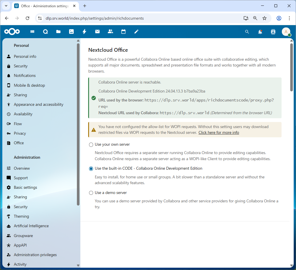 Rocky Linux 10 : NextCloud : オフィス系アプリケーションを利用 : Server World