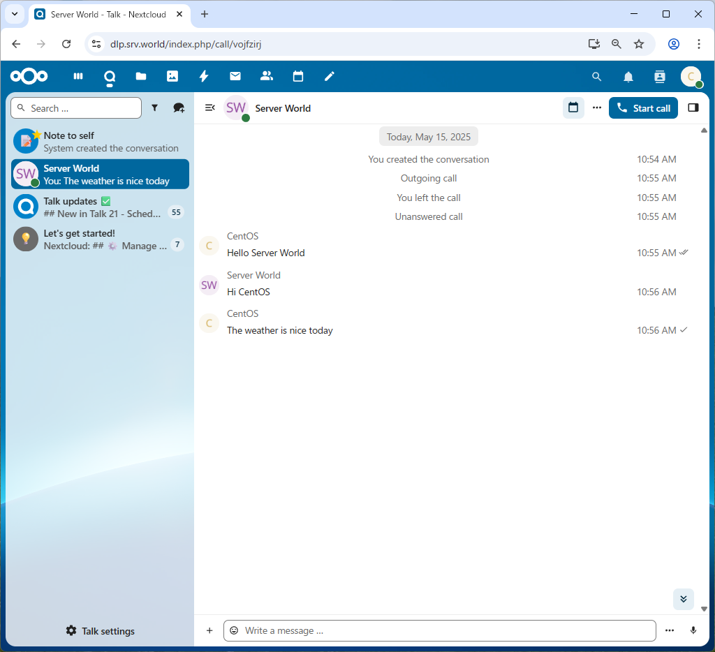 Rocky Linux 10 : NextCloud : チャット/音声通話/画面共有 : Server World