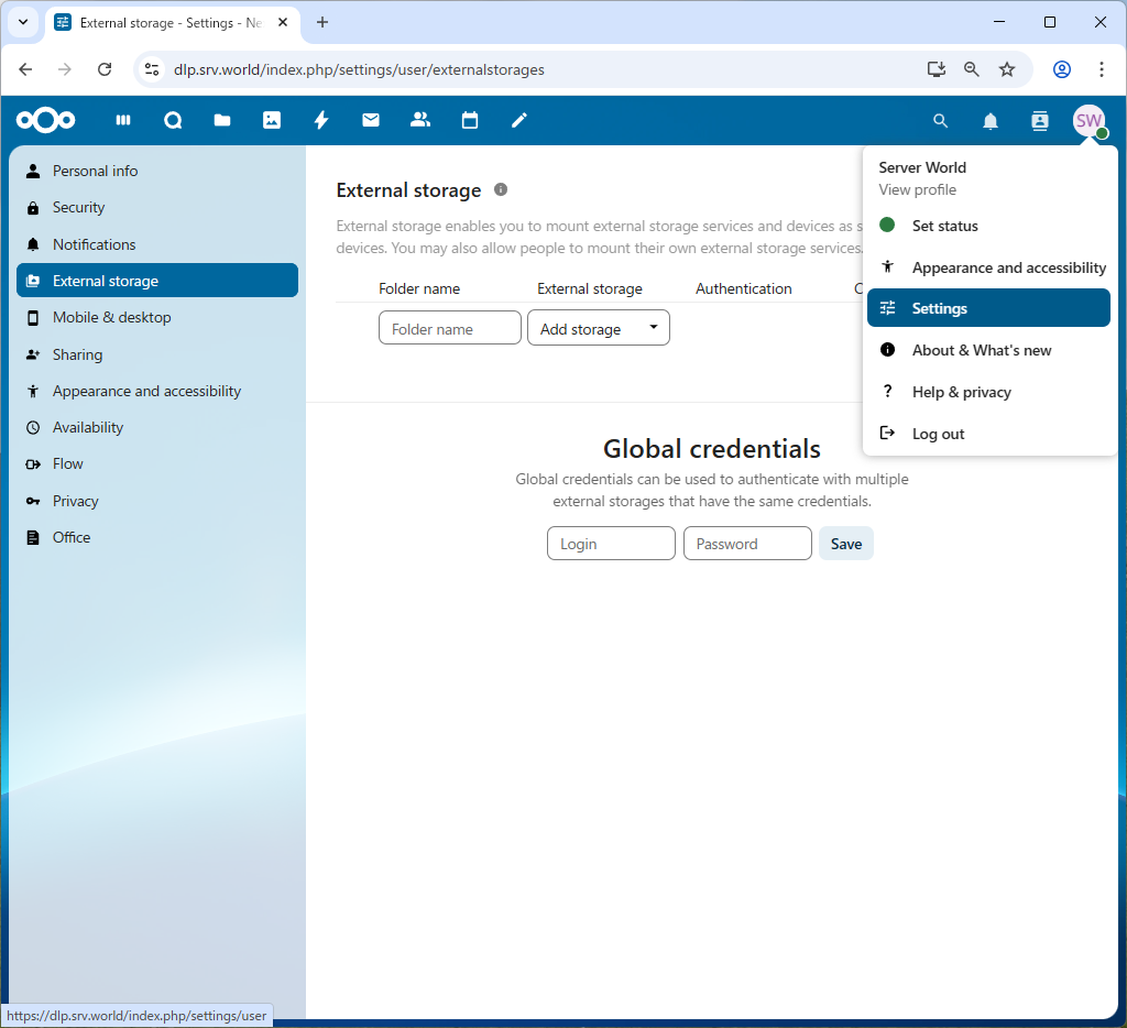 Rocky Linux 10 : NextCloud : 外部ストレージを利用する : Server World
