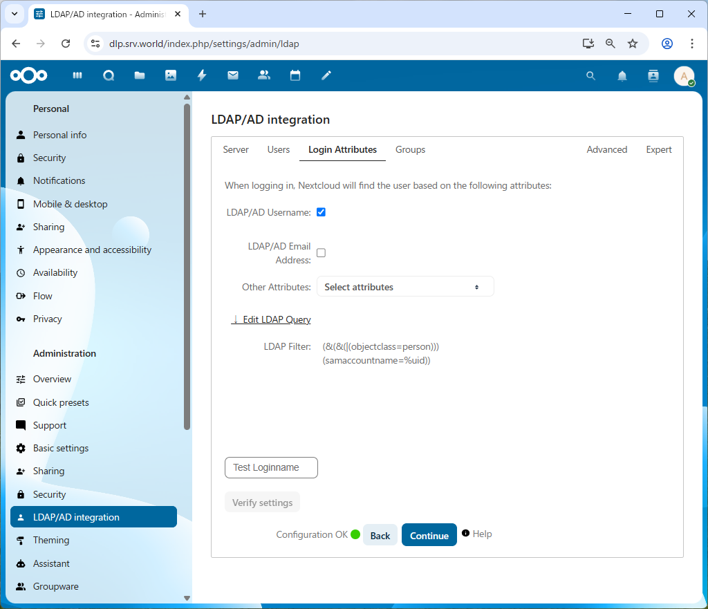 Rocky Linux 10 : NextCloud : AD 統合 : Server World