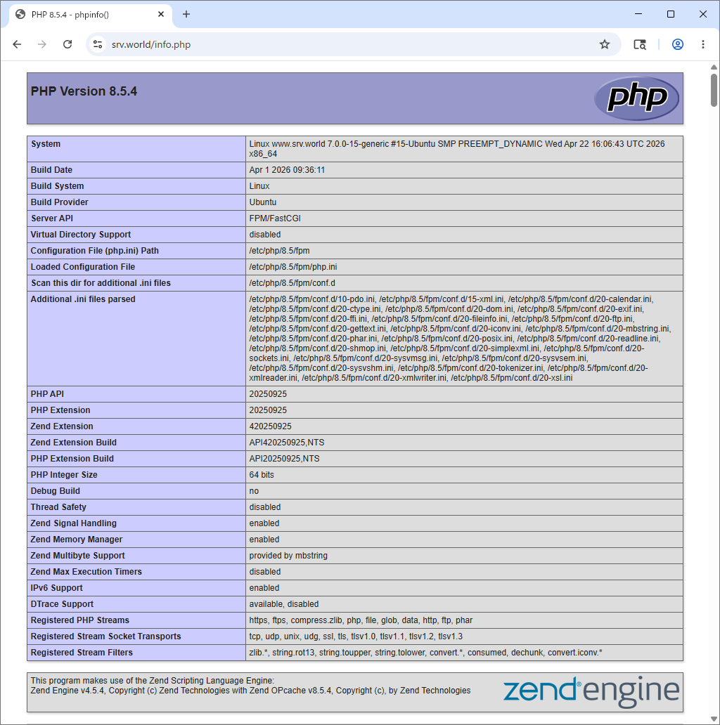 Ubuntu 26.04 : Apache2 : PHP + PHP-FPM の設定 : Server World