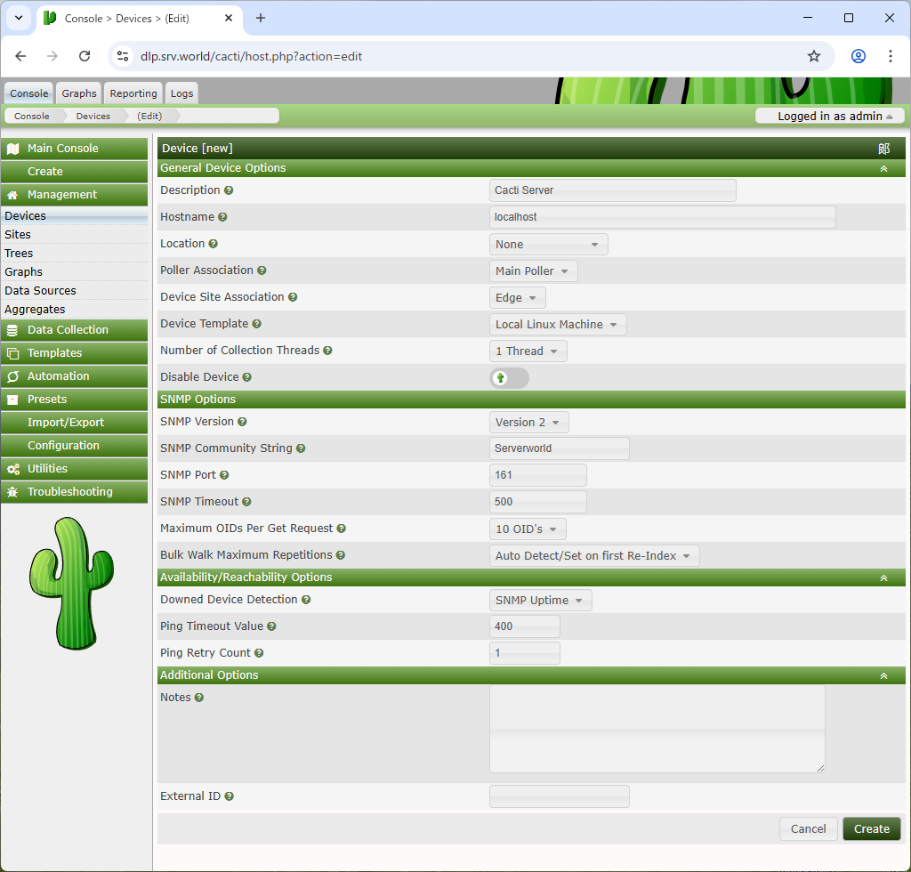Debian 13 trixie : Cacti : Basic Monitoring Settings : Server World