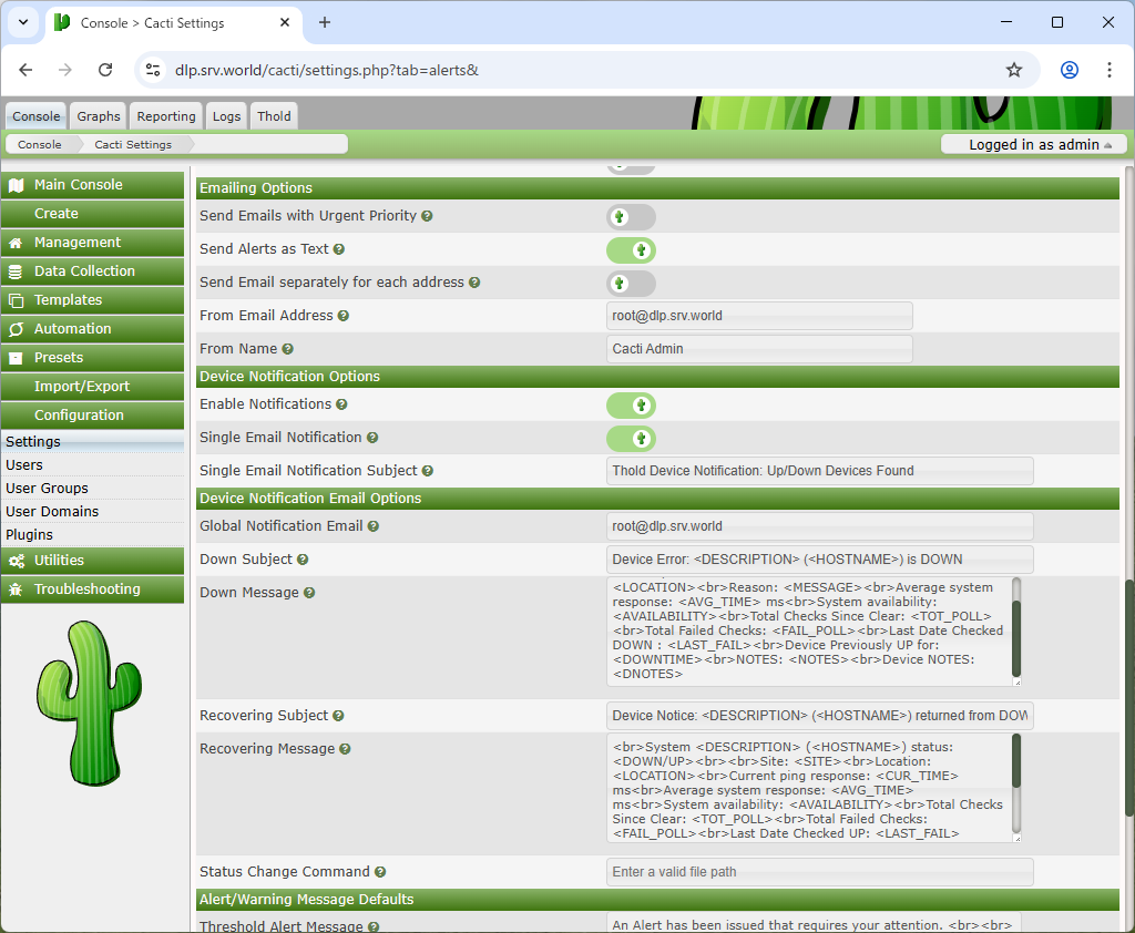 Debian 13 trixie : Cacti : Enable Threshold : Server World
