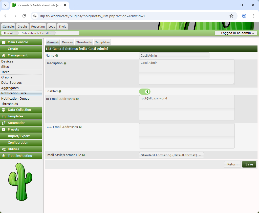 Debian 13 trixie : Cacti : Email Notification Settings : Server World