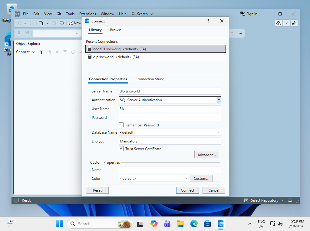 Debian 13 trixie : SQL Server 2025 : Connect from Win Client : Server World