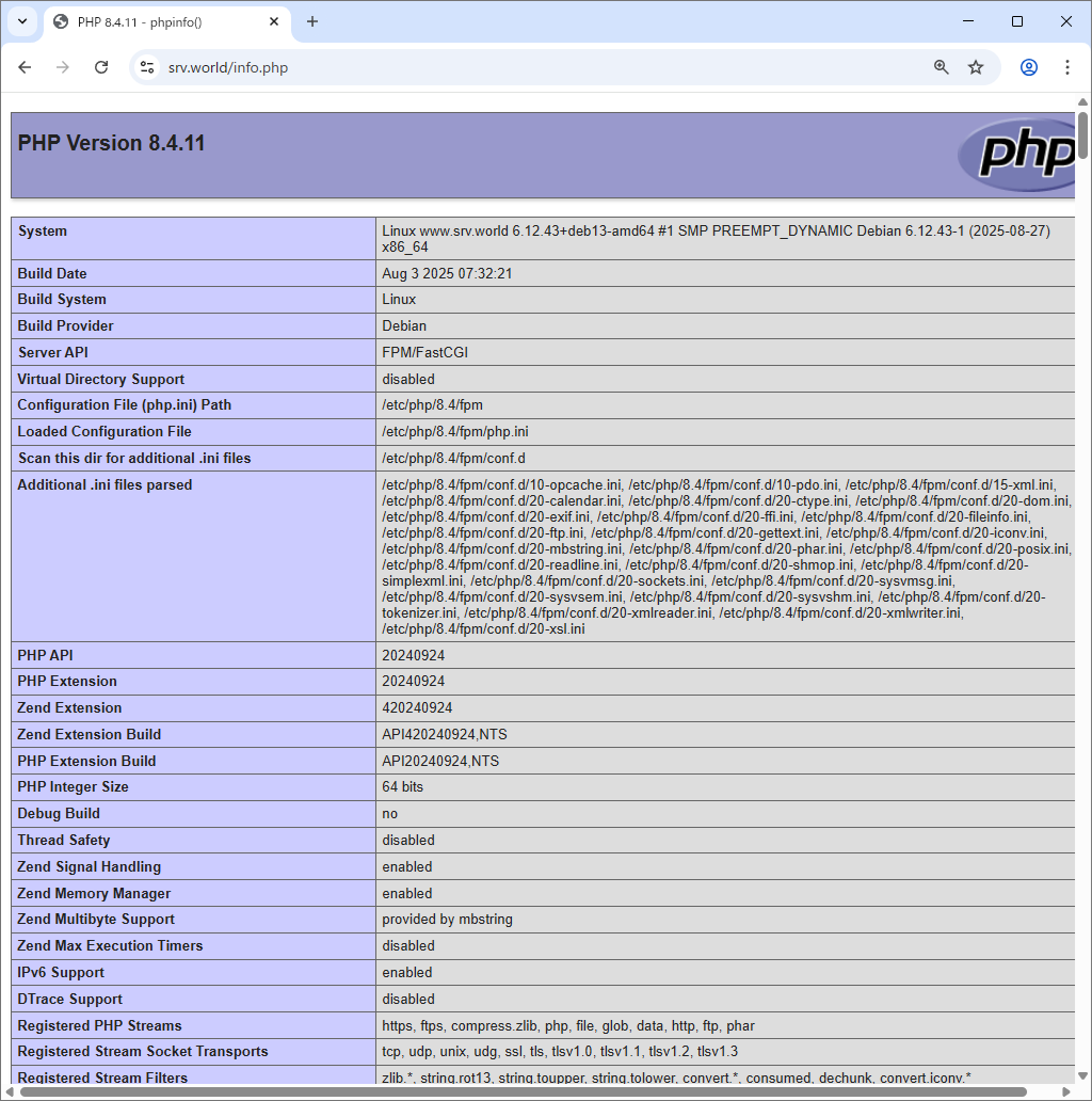 Debian 13 trixie : Nginx : Use PHP Scripts : Server World