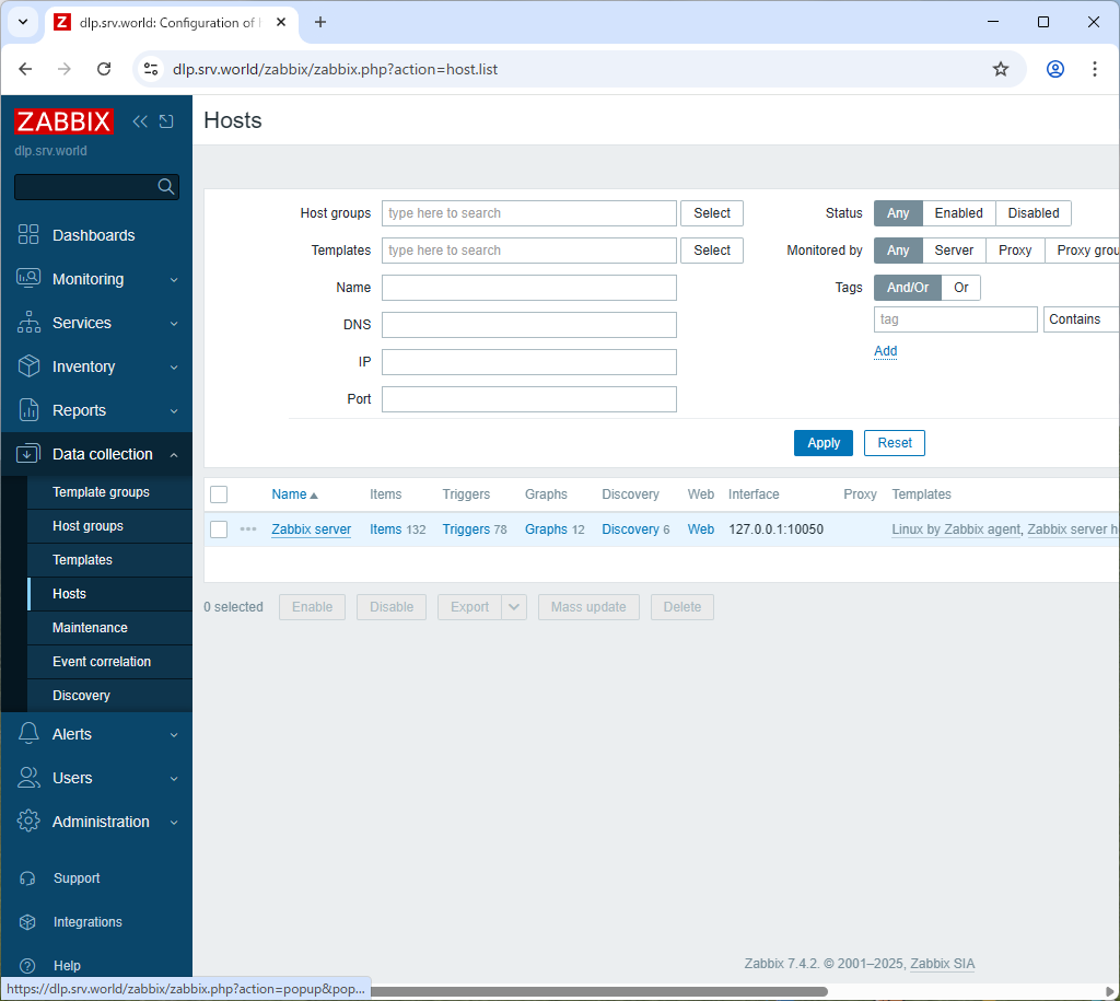 Debian 13 trixie : Zabbix 7.4 : Set Monitoring Target Host : Server World