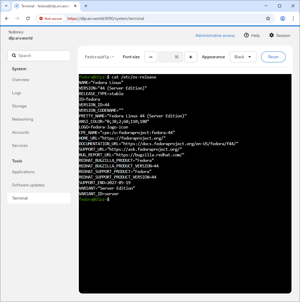 Fedora 44 : Initial Settings : Use Admin Console : Server World
