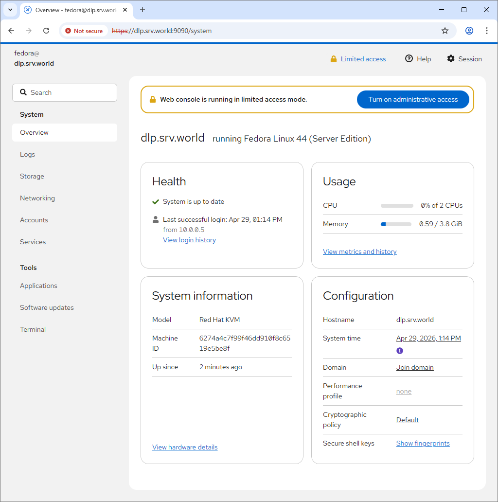 Fedora 44 : Initial Settings : Use Admin Console : Server World