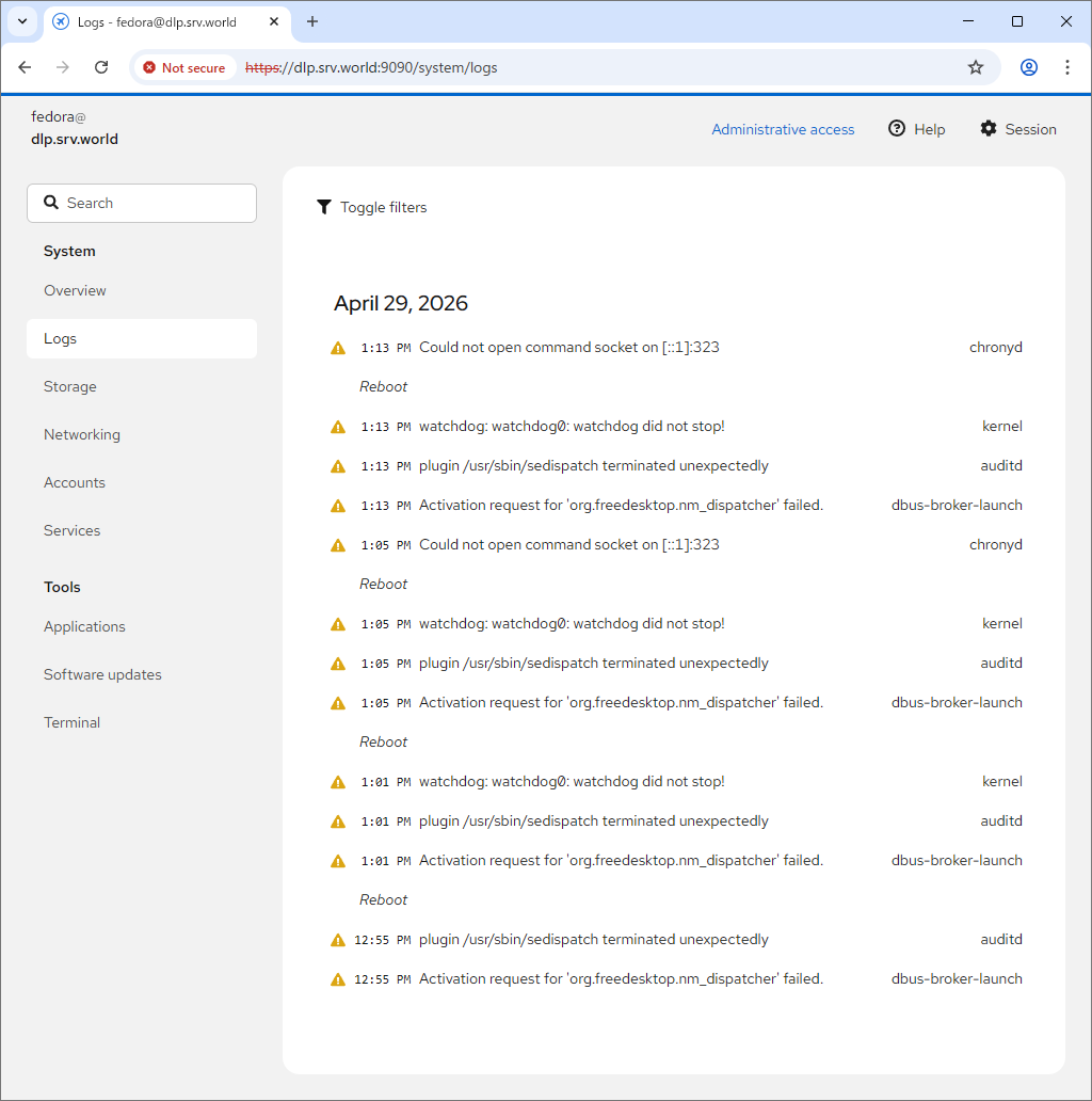 Fedora 44 : Initial Settings : Use Admin Console : Server World