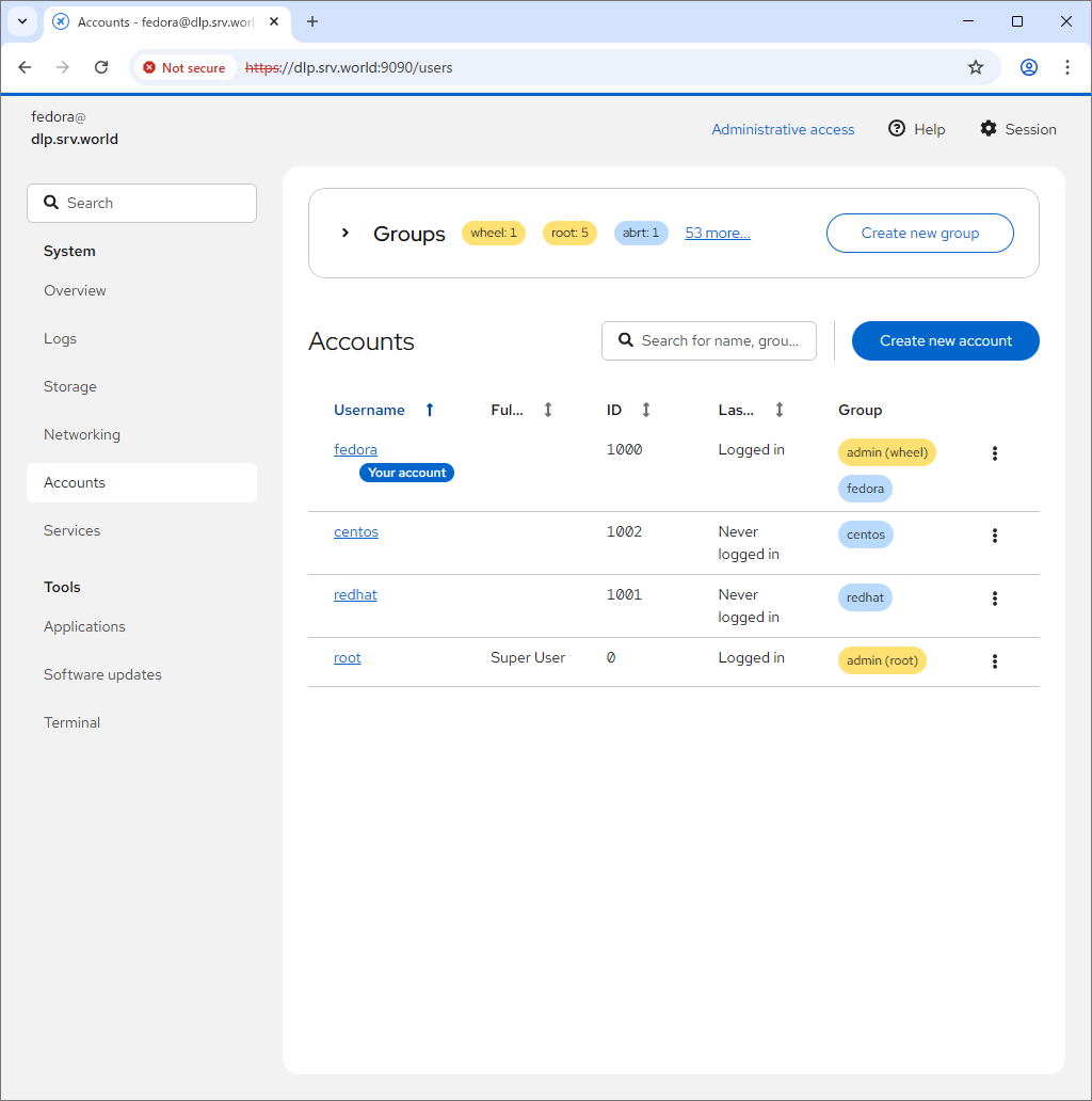 Fedora 44 : Initial Settings : Use Admin Console : Server World
