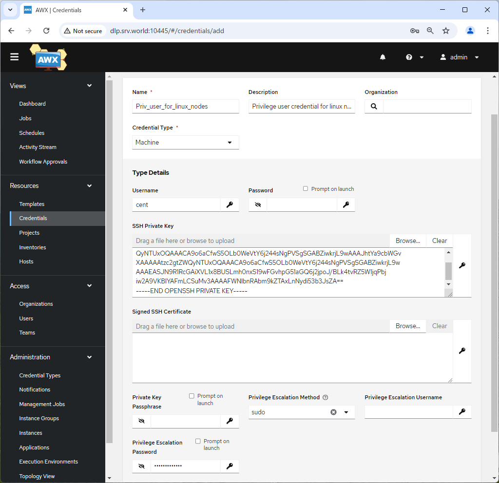 Rocky Linux 10 : Ansible : AWX : Add Credentials : Server World