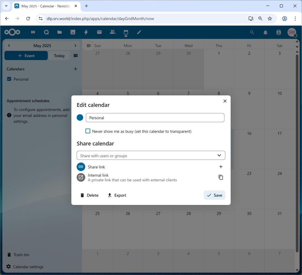 Rocky Linux 10 : NextCloud : Use Calendar : Server World