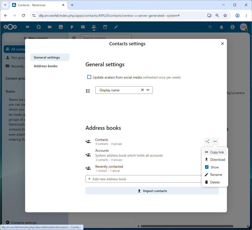 Rocky Linux 10 : NextCloud : Use Address Book : Server World