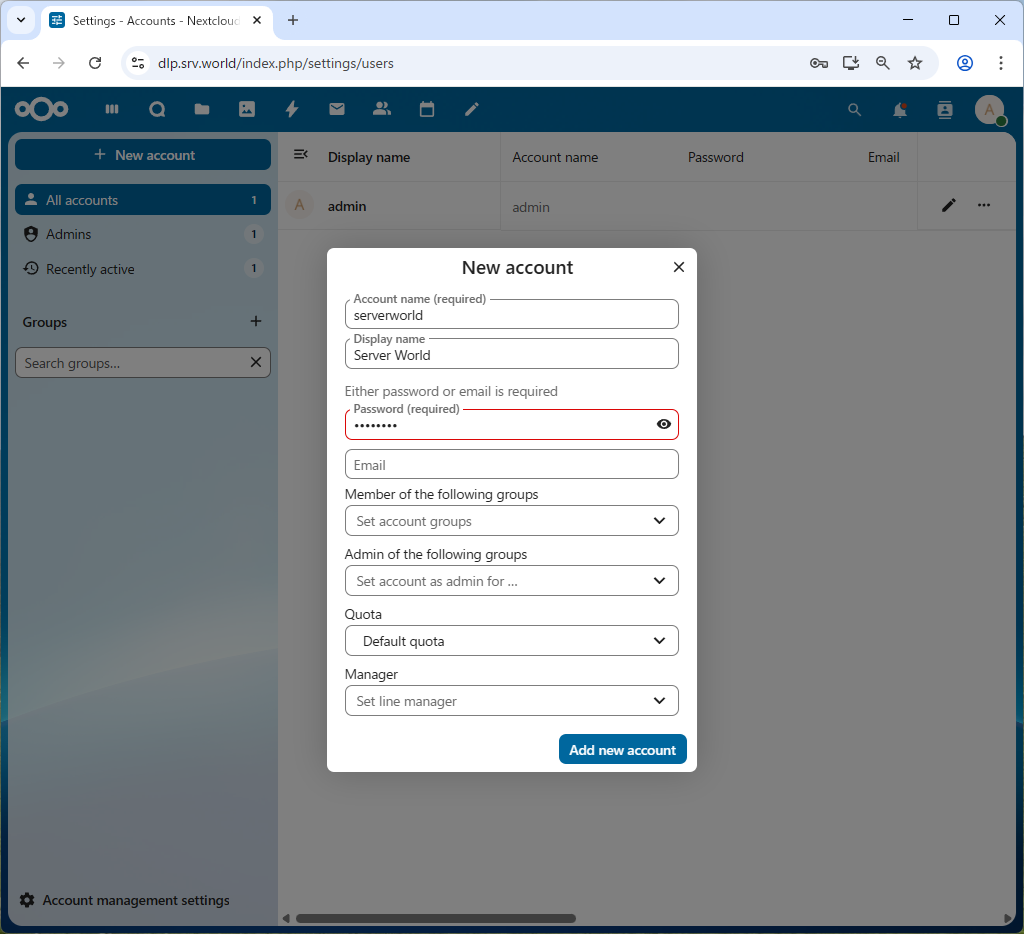 Rocky Linux 10 : NextCloud : Add User Accounts : Server World
