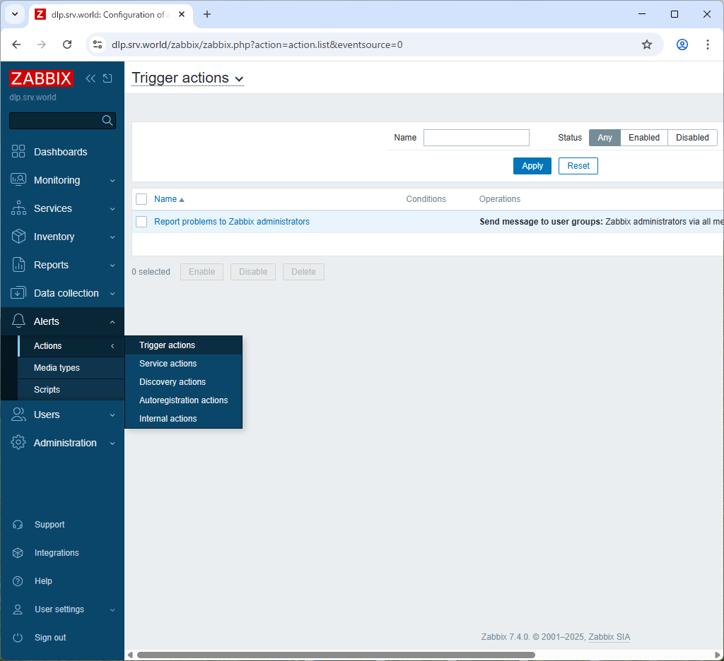 Rocky Linux 10 : Zabbix 7.4 : Notification Setting : Server World