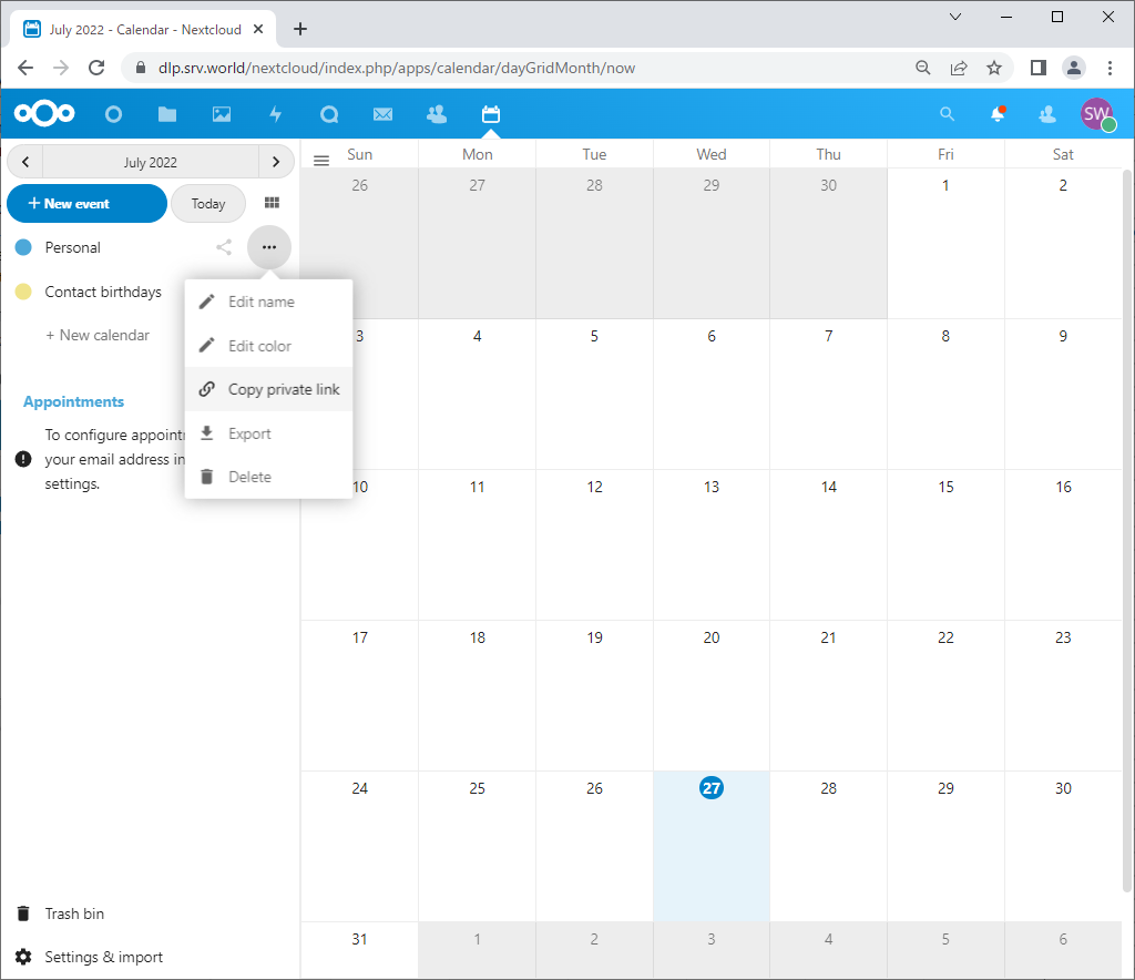 Ubuntu 22.04 Lts : Nextcloud : Use Calendar : Server World