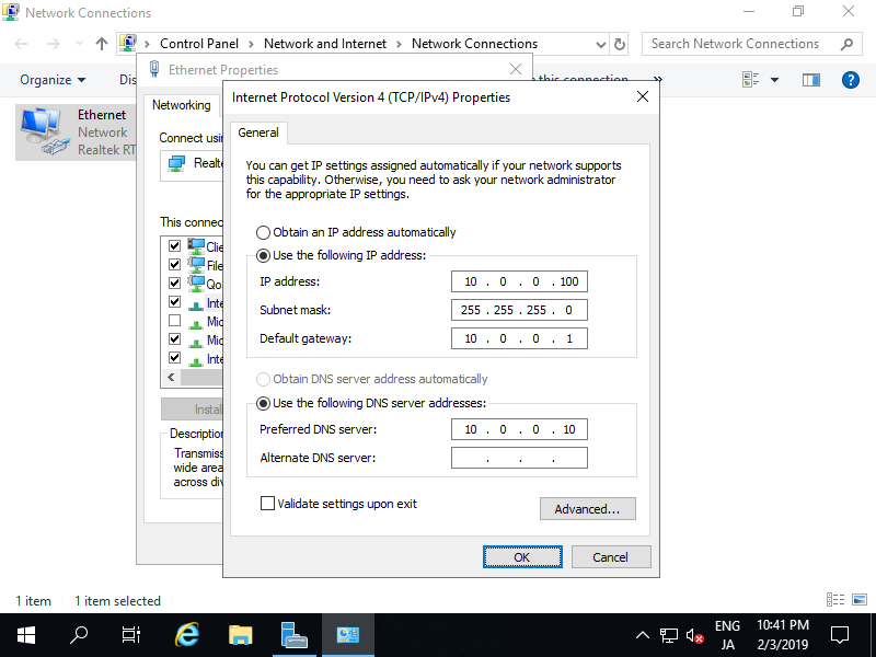 how to configure a static ip address on windows server 2019