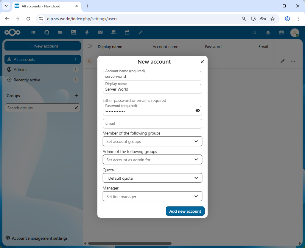 openSUSE Leap 16 : NextCloud : Add User Accounts : Server World