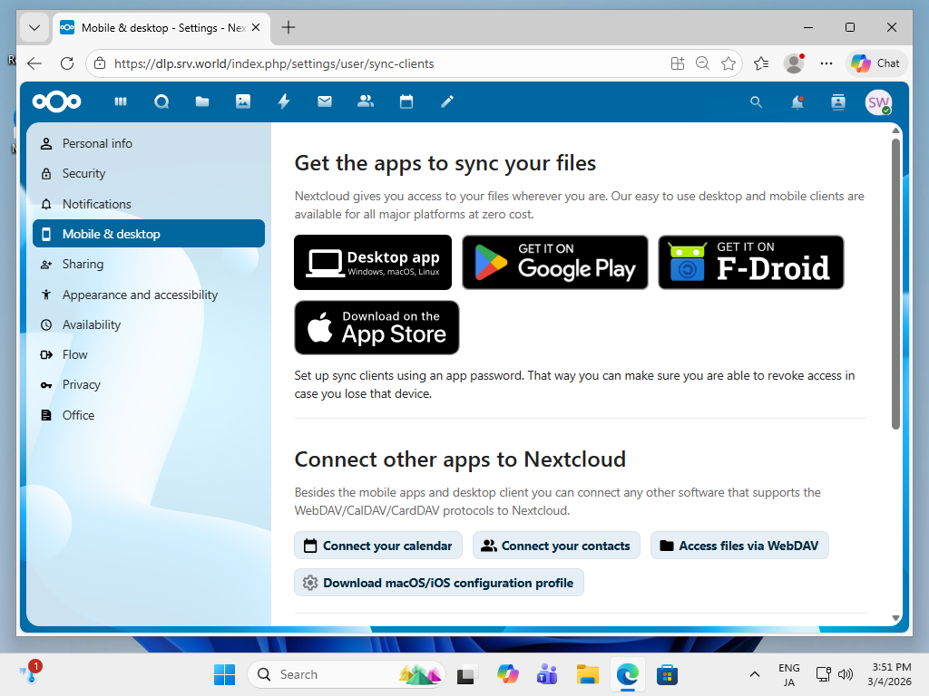 openSUSE Leap 16 : NextCloud : Access via Desktop Client : Server World