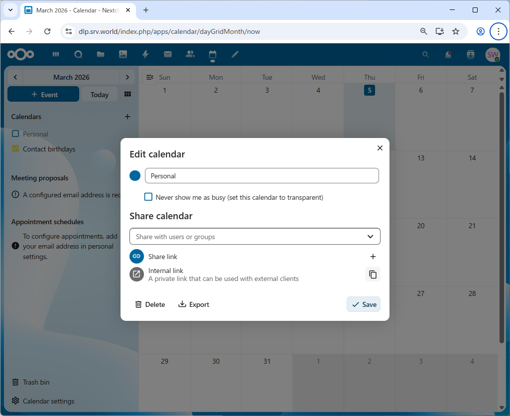 openSUSE Leap 16 : NextCloud : Use Calendar : Server World