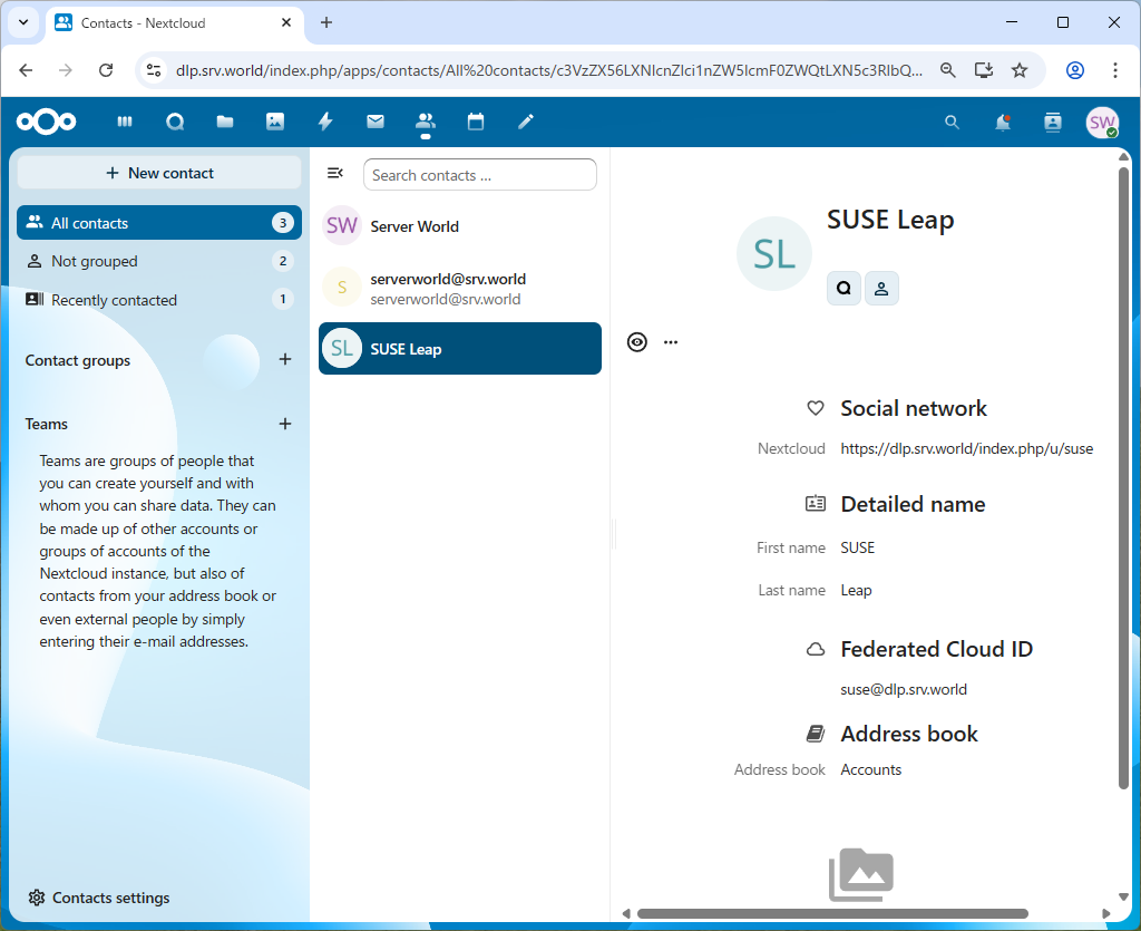 openSUSE Leap 16 : NextCloud : Use Address Book : Server World