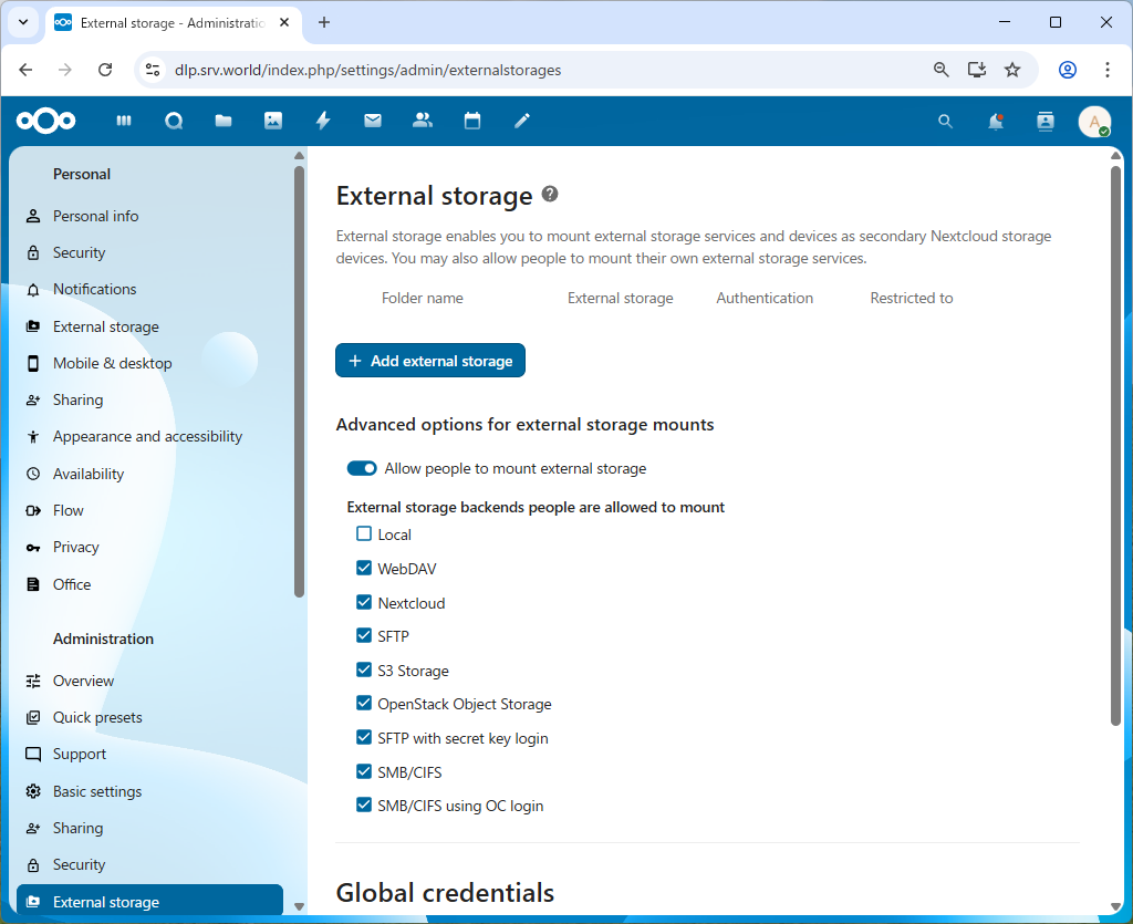 openSUSE Leap 16 : NextCloud : Use External Storage : Server World